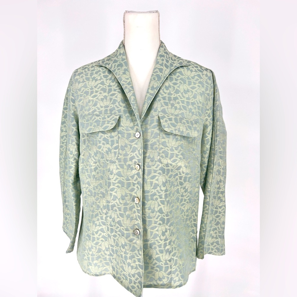 SIGRID OLSEN Silk Linen Blend Jacket Blazer Blouse Button Up Dusty Blue Size 10